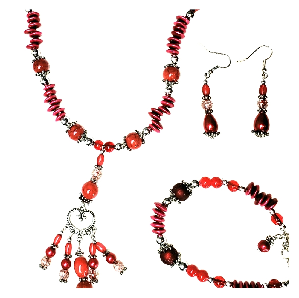 Red beaded necklace, earring, and bracelet set